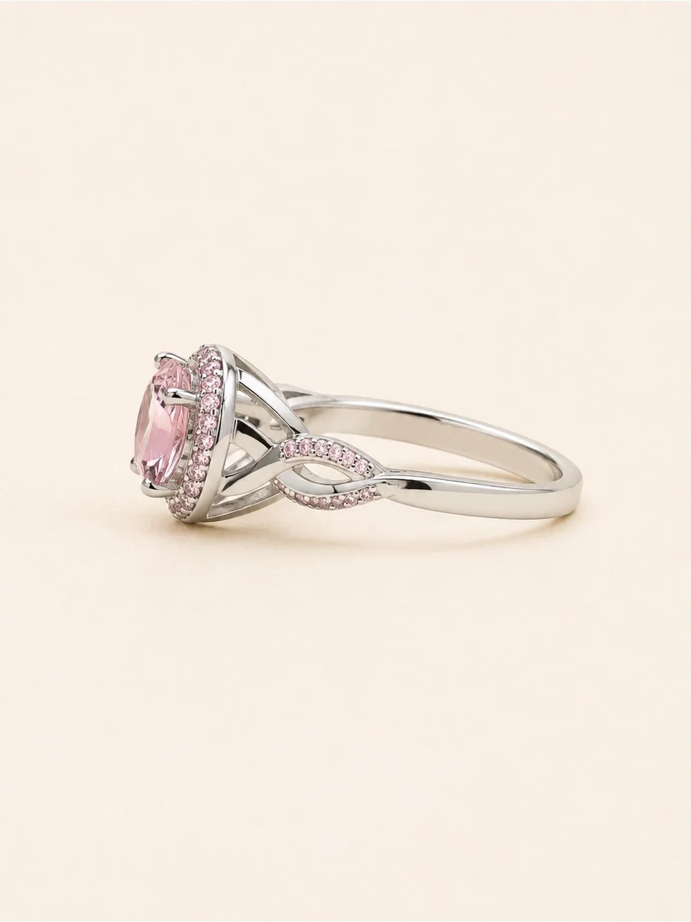 Pink & White Cubic Zirconia Antique Style Engagement Ring Silver Tone Round Halo